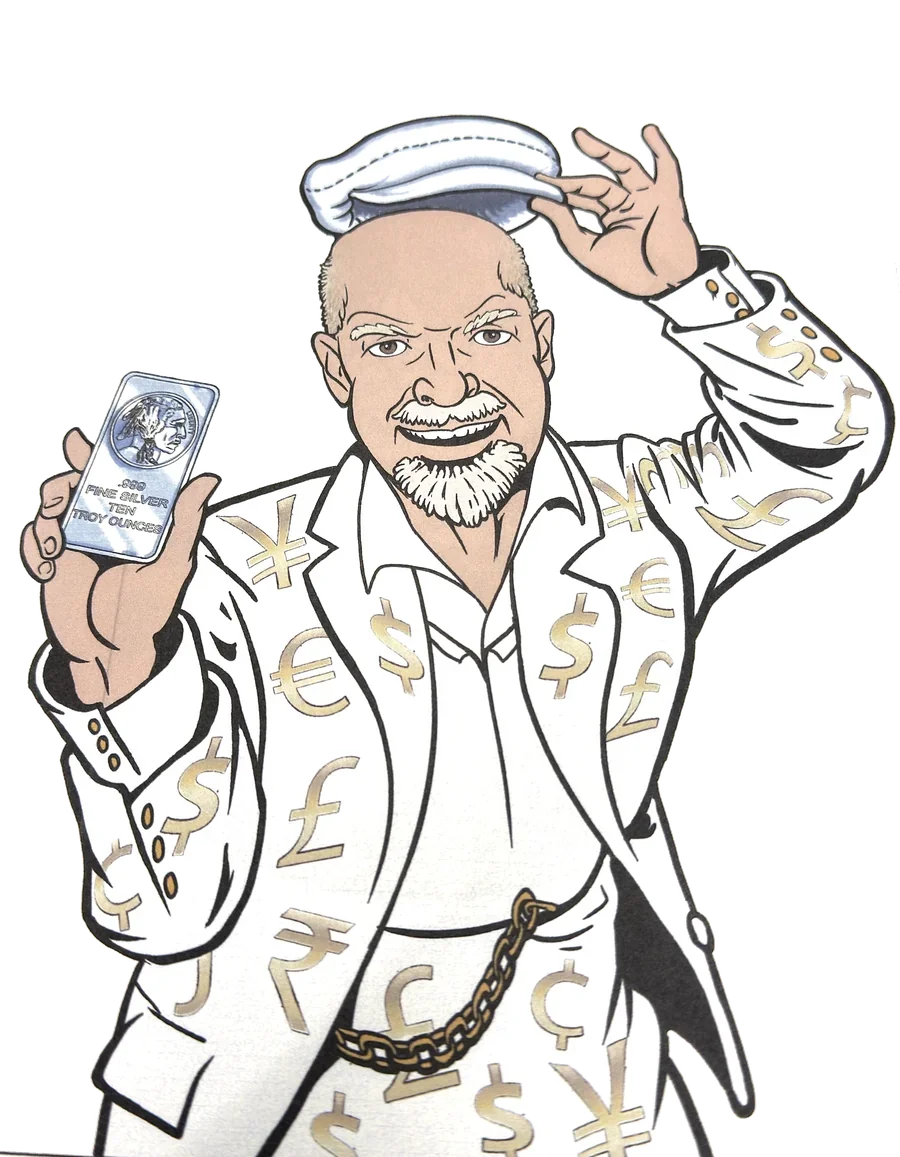 Illustration of Russ in a white captain's hat and a suit covered in currency symbols, holding a ten troy ounce .999 fine silver bar